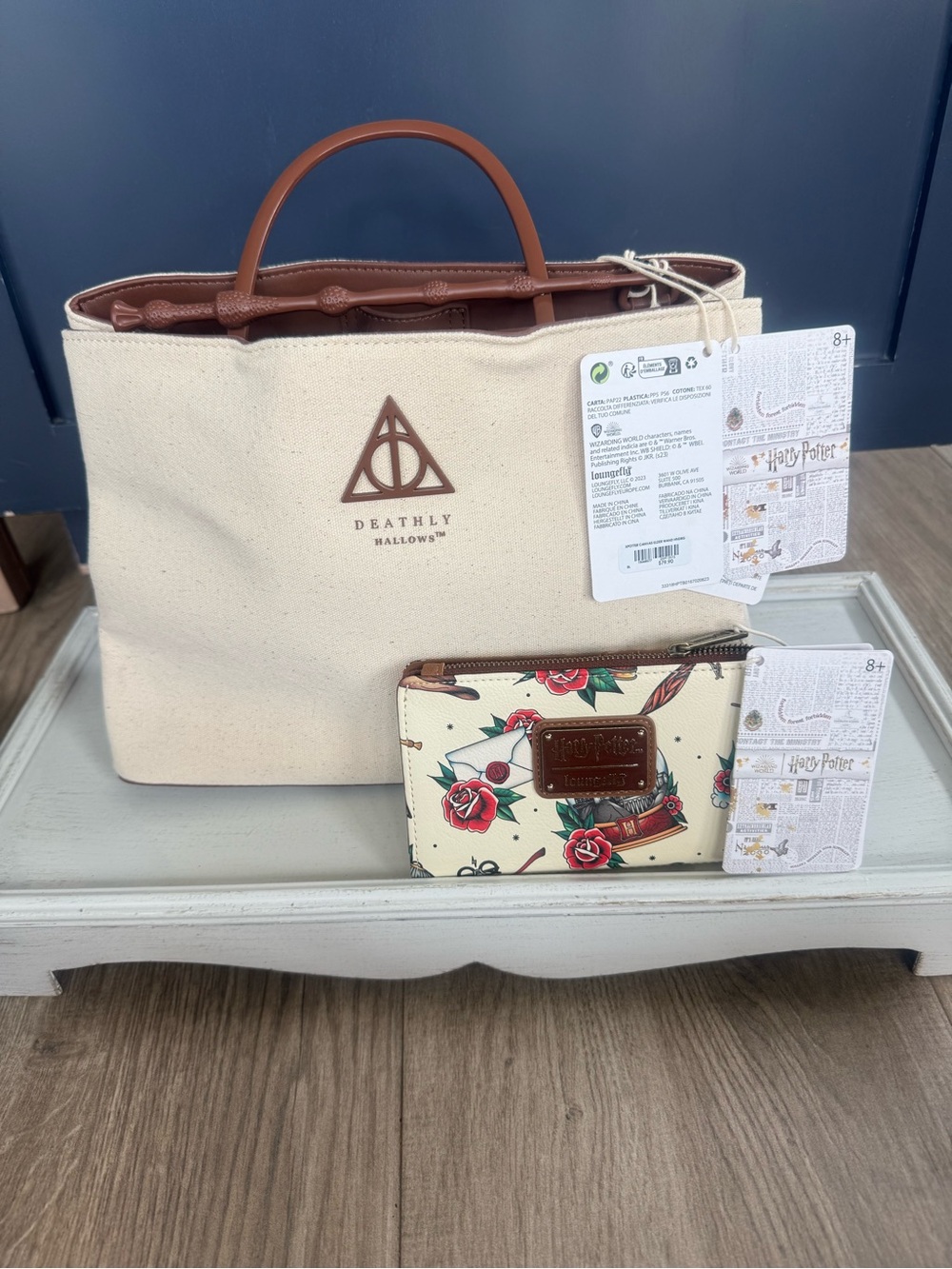 Loungefly Cream Canvas  Harry Potter  Tote with Brown Trim & Floral Zip Wallet